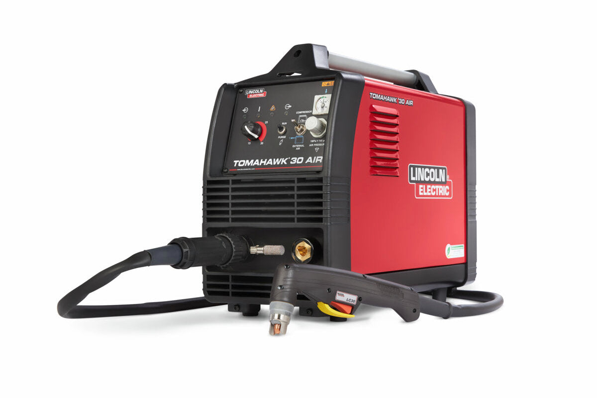 Lincoln Electric Tomahawk 30 Air Plasma Cutter with a 10 ft hand torch, predominantly red and black in color.