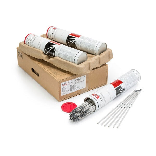 Lincoln Electric Excalibur 8018-C1 MR stick electrodes cardboard box with canisters and loose rods, SMAW electrode