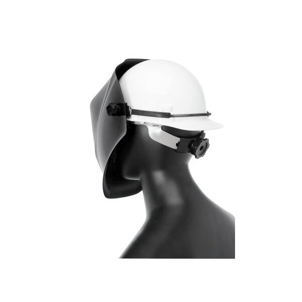 Lincoln Electric Viking halo-style hard hat adapter mounted on white hard hat, shown on mannequin head