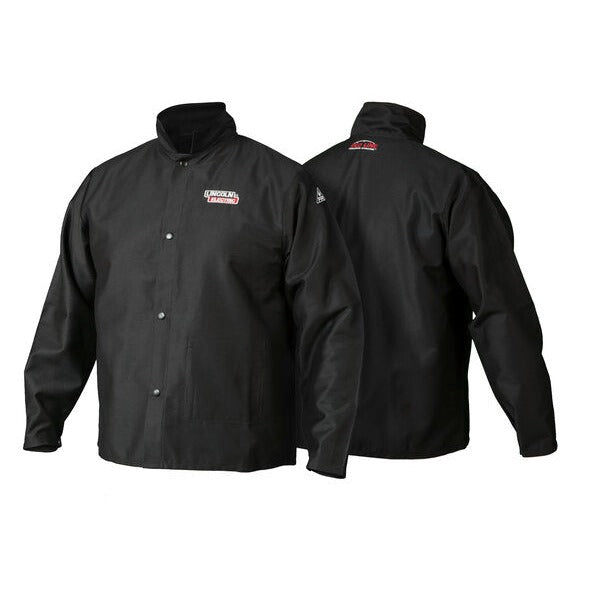 Lincoln Electric K2985 Traditional FR cloth welding jacket XL black front and back view welding jacket