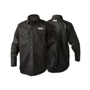Lincoln Electric traditional split leather-sleeved black welding jacket front and back views with snap buttons