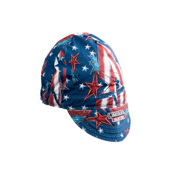 Lincoln Electric All American welding cap blue red white stars and stripes patriotic print with Lincoln patch