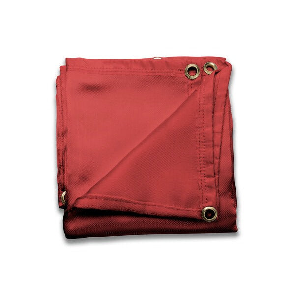 Lincoln Electric welding blanket 6x6 ft 550°C rated red fiberglass with brass grommet corners, folded