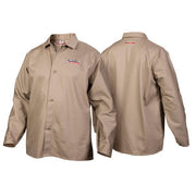 Lincoln Electric K3317 khaki FR cloth welding jacket, front and rear view with snap buttons and embroidered logo, FR jacket