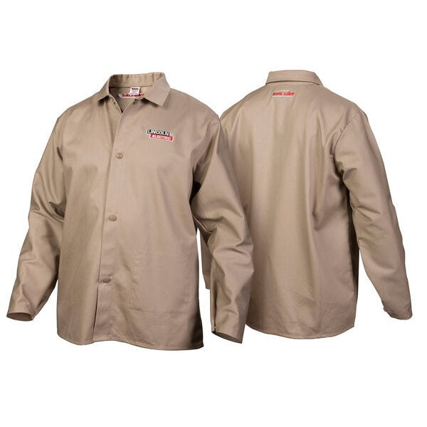 Lincoln Electric K3317 khaki FR cloth welding jacket, front and rear view with snap buttons and embroidered logo, FR jacket