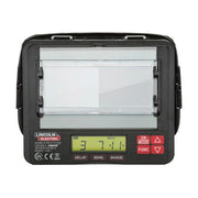 Lincoln Electric magnifying cheater lens installed in auto-darkening welding helmet with digital shade display