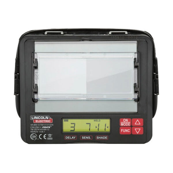 Lincoln Electric magnifying cheater lens installed in auto-darkening welding helmet with digital shade display