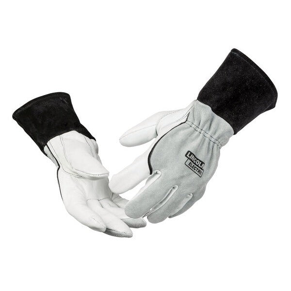 Lincoln Electric DynaMIG traditional MIG welding gloves white goatskin palm black leather gauntlet cuff pair
