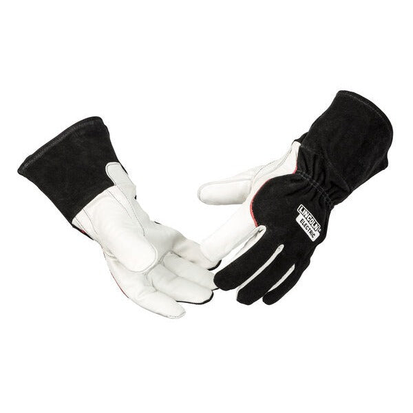 Lincoln Electric K3806 DynaMIG HD MIG welding gloves, white grain leather palm, black split leather back, gauntlet cuff