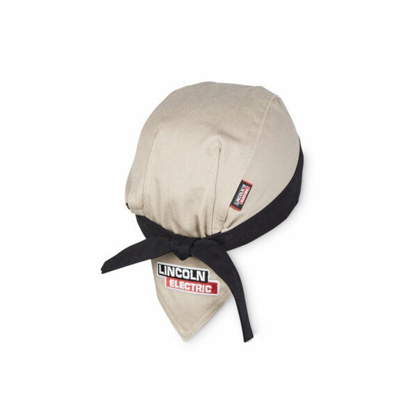 Lincoln Electric K4824 welding bandana khaki crown with black tie tails and embroidered logo on tail