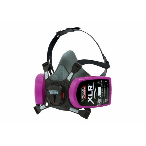 Lincoln Electric K4683 XLR P100 half-mask welding respirator, grey silicone face, dual purple P100 cartridges, head harness