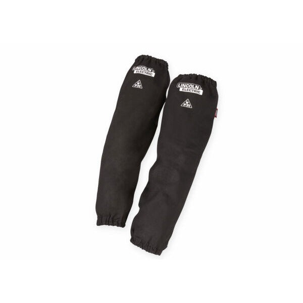 Lincoln Electric FR cotton welding sleeves black pair with elastic cuffs and FR triangle logo patch