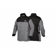 Lincoln Electric K4931 XVI Series FR welding jacket, grey and black flame-resistant fabric, snap front, front and back views