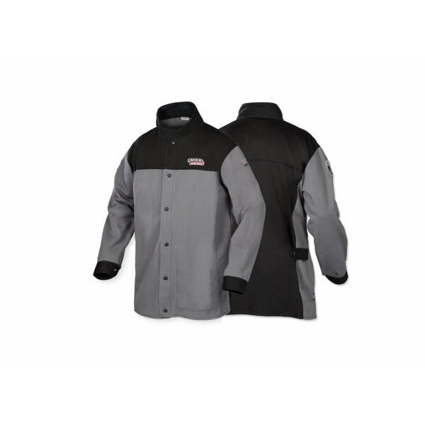 Lincoln Electric K4931 XVI Series FR welding jacket, grey and black flame-resistant fabric, snap front, front and back views