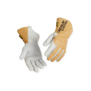 Lincoln Electric K5132 MX Series premium TIG gloves, white grain goatskin palm, tan suede back gauntlet cuff, unlined