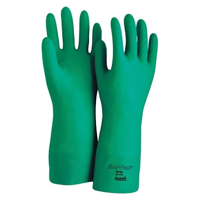37-175 Nitrile Gloves, Gauntlet Cuff, Cotton Flock Lined, Size 9, Green, 17 mil