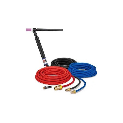 CK Worldwide CKA205SF 250 Amp water-cooled rigid head TIG torch with red, blue, and black hose bundle, brass fittings