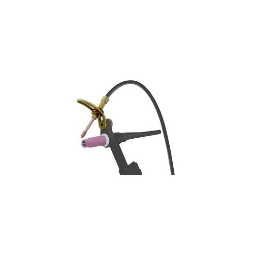 CK Cold Wire Bracket Extension mounted on TIG torch with gold bracket arm ceramic cup and wire guide