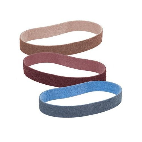 Walter 07D152 Blendex belt 30x1.5in coarse nonwoven abrasive loops tan brown and blue grades shown