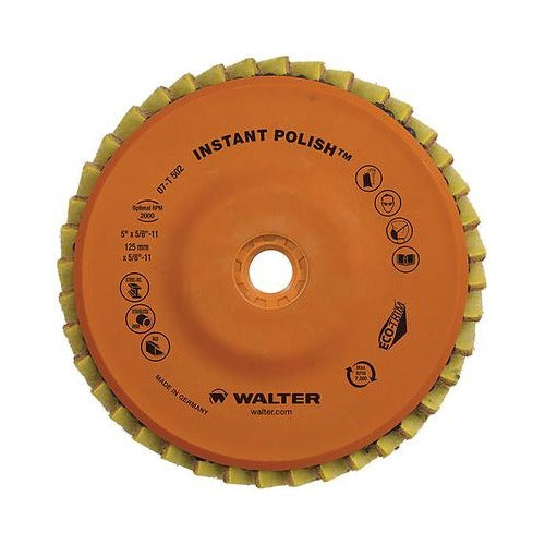 Walter 07T502 Instant Polish flap disc 5" x 5/8"-11, orange hub with yellow abrasive flaps, 7,060 RPM, flap disc