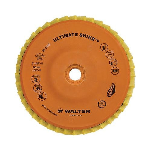 Walter 07T503 Ultimate Shine flap disc 5" x 5/8"-11, orange EcoPad hub, dense yellow flaps, flap disc