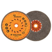 Walter 07X502 FX Stainless spin-on cup wheel 5" x 5/8-11" orange hub, grey nonwoven face, max 8000 RPM stainless use
