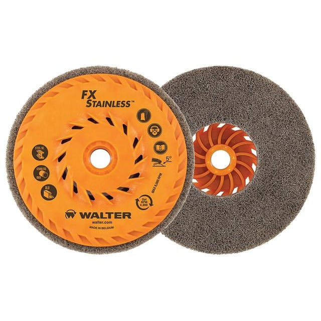 Walter 07X452 FX Stainless spin-on cup wheel 4.5" x 5/8-11" orange hub, grey nonwoven abrasive, max 8000 RPM