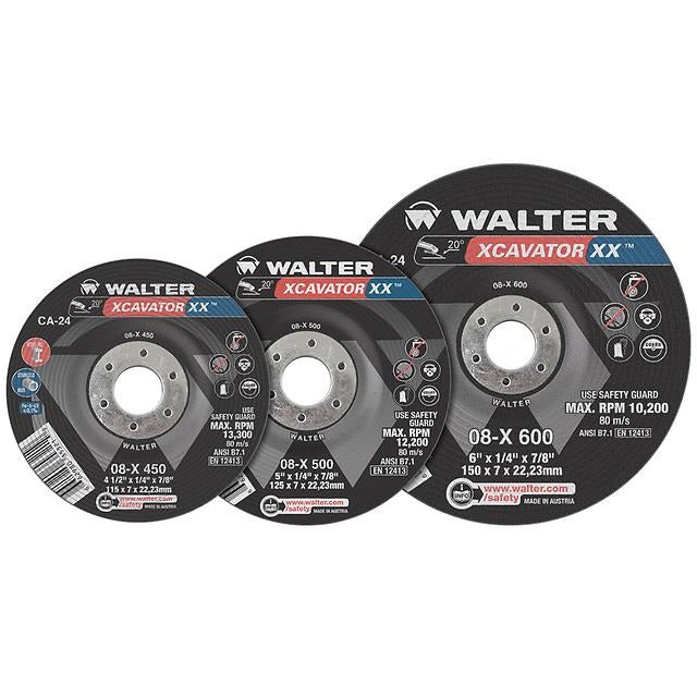 Walter XCAVATOR XX grinding wheels three sizes 4.5" 5" 6" CA-24 black resinoid max 10200 RPM ANSI B7.1 EN12413