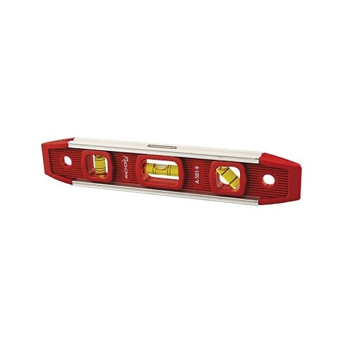 ANCHOR BRAND 9 in red magnetic torpedo level with 3 vials and aluminum rail torpedo level