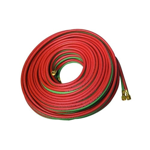 Best Welds Grade T twin-line welding hose 3/16 in x 25 ft, red-green coiled hose with AB fittings, fuel gas oxygen
