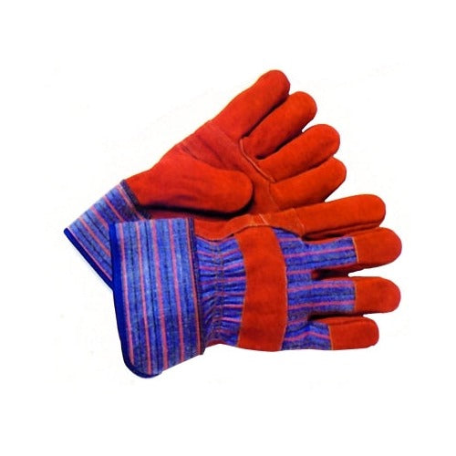 ANCHOR BRAND Work Gloves Large, red leather palm with blue striped fabric back and cuff, gloves