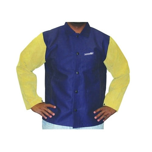 Best Welds leather FR sateen combo welding jacket 2X-Large, navy FR body with tan split leather sleeves, snap front