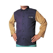 Best Welds leather FR sateen combo welding jacket X-Large, navy FR body with tan split leather sleeves, snap closure