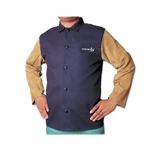 Best Welds leather FR sateen combo welding jacket large, navy blue FR body with split leather sleeves, Anchor brand logo