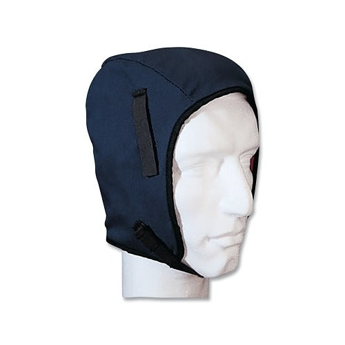 ANCHOR BRAND blue twill winter liner with chin strap and hook-loop closure on mannequin head hard hat liner
