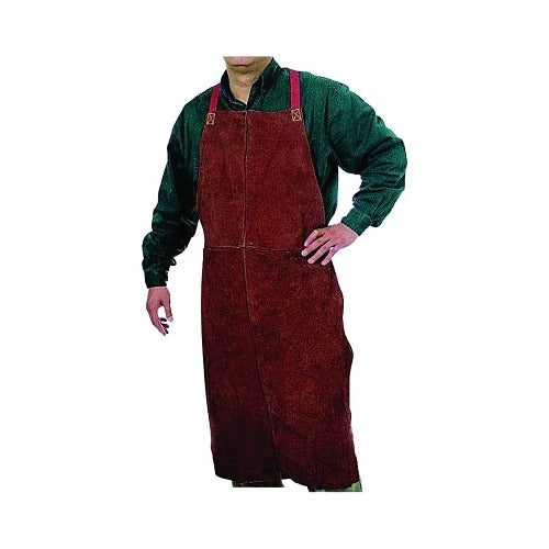 Best Welds premium split cowhide leather bib apron 24 x 42 in, lava brown with adjustable neck and waist ties, worn view
