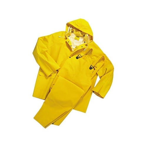 ANCHOR BRAND 3-Pc Rainsuit jacket hood overalls 0.35 mm PVC over polyester yellow Large folded rainwear