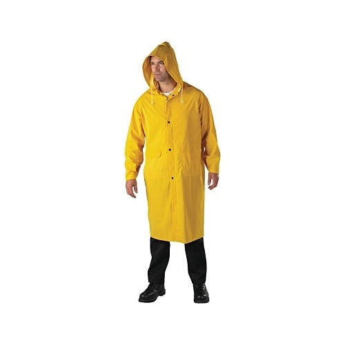 ANCHOR BRAND 48 in Raincoat worn by model, yellow PVC over polyester with detachable hood, rainwear