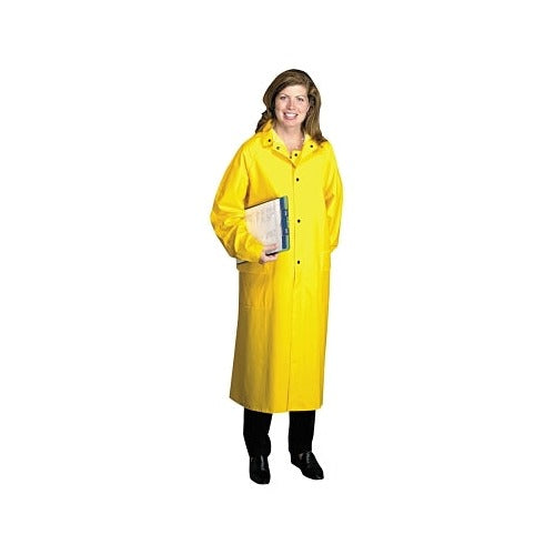 ANCHOR BRAND 48 in Raincoat worn by model, yellow PVC over polyester with detachable hood, holding binder, rainwear