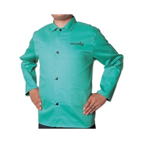 Best Welds FR cotton sateen welding jacket large visual green, snap-front, elastic cuffs, Anchor logo on left chest