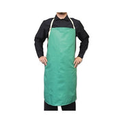 Best Welds FR cotton sateen bib apron 24 x 36 in visual green, cotton tie straps at neck and waist, worn full front view