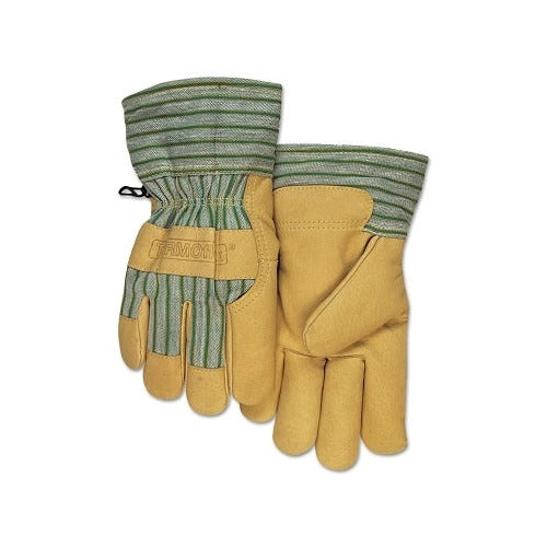 ANCHOR BRAND Cold Weather Gloves X-Large, gold pigskin leather with green striped knit cuff, gloves