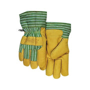 ANCHOR BRAND Cold Weather Gloves Large, gold pigskin leather with green striped knit cuff, gloves