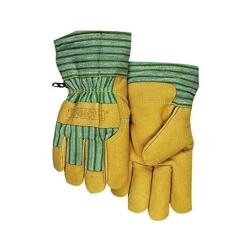 ANCHOR BRAND Cold Weather Gloves Large, gold pigskin leather with green striped knit cuff, gloves