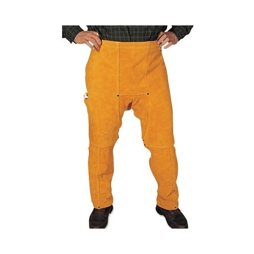 Best Welds leather welding chaps 40 in L, golden brown split cowhide with snap closures on sides, worn over pants