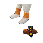 Best Welds universal leather welding spats brown, snap-close ankle and instep cover worn over boots, bottom sole view inset
