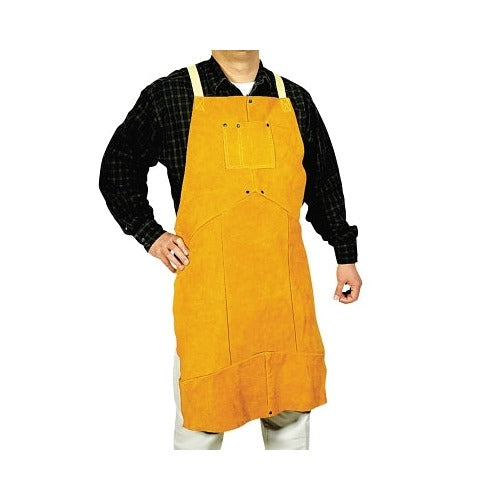 Best Welds select split cowhide leather bib apron 24 x 36 in golden brown, chest pocket, adjustable waist tie, bib apron
