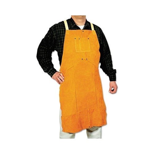 Best Welds select split cowhide leather bib apron 24 x 48 in golden brown, chest pocket and adjustable waist tie, worn view