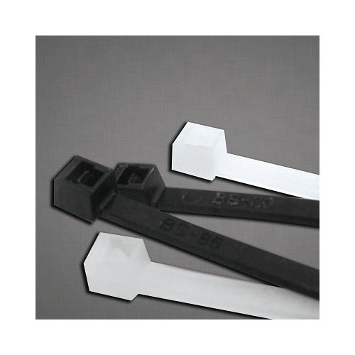 ANCHOR BRAND UV Stabilized Cable Tie 50 lb tensile, 14.6 in L, black and white nylon ties on gray background, cable tie
