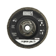 ANCHOR BRAND zirconium flap disc, 4-1/2 in diameter, 5/8-11 arbor, 13,000 rpm max, angled abrasive flap disc